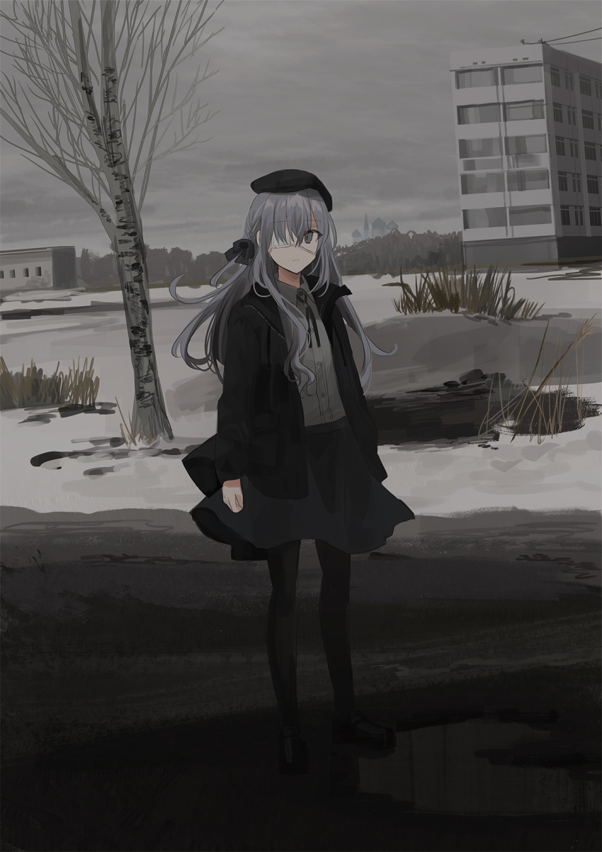 arms_at_sides bare_tree beret birch_tree black_bow black_footwear black_hat black_jacket black_pantyhose black_skirt bow braid building chihuri cloud cloudy_sky collared_shirt commentary dress_shirt eve_(chihuri) eyepatch female full_body grass grey_eyes grey_hair grey_shirt hair_over_one_eye hairbow hat highres jacket loafers long_hair long_sleeves medical_eyepatch open_clothes open_jacket original outdoors pantyhose parted_lips photoshop_(medium) puddle shirt shoes skirt sky sleeves_past_wrists snow solo standing tree very_long_hair water