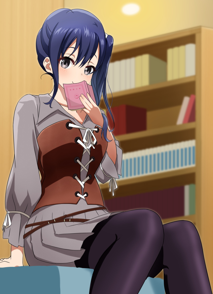 black_eyes black_legwear blue_hair blush book bookshelf breasts closed_mouth covering_own_mouth dress female hand_up highres holding holding_book imai_midori indoors looking_at_viewer medium_hair one_side_up shinka_(yonkun121) shirobako sitting small_breasts