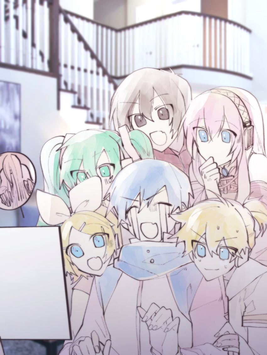 2boys 4girls aqua_eyes aqua_hair binggwaryu blonde_hair blue_eyes blue_hair blue_scarf bow brown_eyes brown_hair closed_eyes coat commentary hair_ornament hairbow hand_to_own_mouth hatsune_miku headphones highres indoors kagamine_len kagamine_rin kaito_(vocaloid) long_hair megurine_luka meiko_(vocaloid) monitor multiple_boys multiple_girls oerba_yun_fang open_mouth photo_background pink_hair red_shirt sailor_collar scarf shirt short_hair short_ponytail short_sleeves skin_fang smile spiked_hair swept_bangs symbol-only_commentary tears the_ring twintails v-shaped_eyebrows vocaloid watching_television white_bow white_coat yamamura_sadako