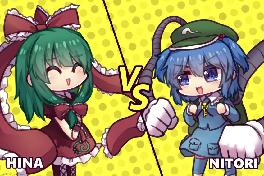 2girls ^_^ arms_(game) backpack bag blue_hair blue_shirt blue_skirt boots bow character_name closed_eyes commentary cross-laced_footwear dress flat_cap frilled_bow frilled_ribbon frills front_ponytail gloves green_hair green_headwear hair_between_eyes hair_ribbon hairbow hat kagiyama_hina kawashiro_nitori key long_hair long_sleeves looking_at_another mechanical_arms medium_hair multiple_girls one-hour_drawing_challenge open_mouth polka_dot polka_dot_background red_bow red_dress red_ribbon ribbon shirt skirt smile spiral standing touhou two_side_up unime_seaflower v-shaped_eyebrows v_arms vs white_gloves yellow_background