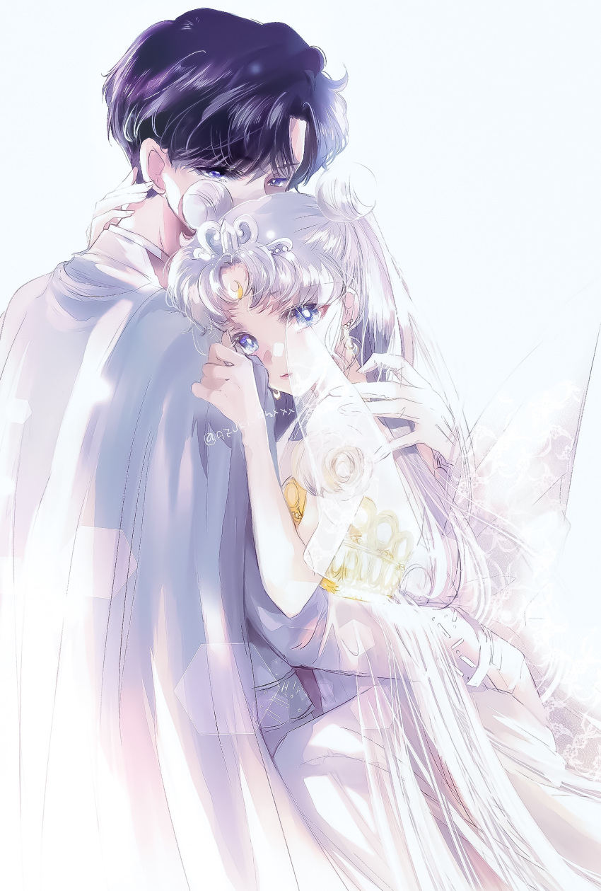 1boy absurdres arm_around_back back_bow bare_shoulders bishoujo_senshi_sailor_moon black_hair blue_eyes bow cape chiba_mamoru commentary couple crescent crescent_facial_mark detached_sleeves dolcexxx double_bun dress earrings facial_mark female forehead_mark grey_cape grey_hair hair_bun highres hug husband_and_wife jewelry king_endymion long_hair looking_at_viewer neo_queen_serenity parted_bangs short_hair short_sleeves simple_background straight tiara tsukino_usagi twintails twitter_username very_long_hair white_background white_dress