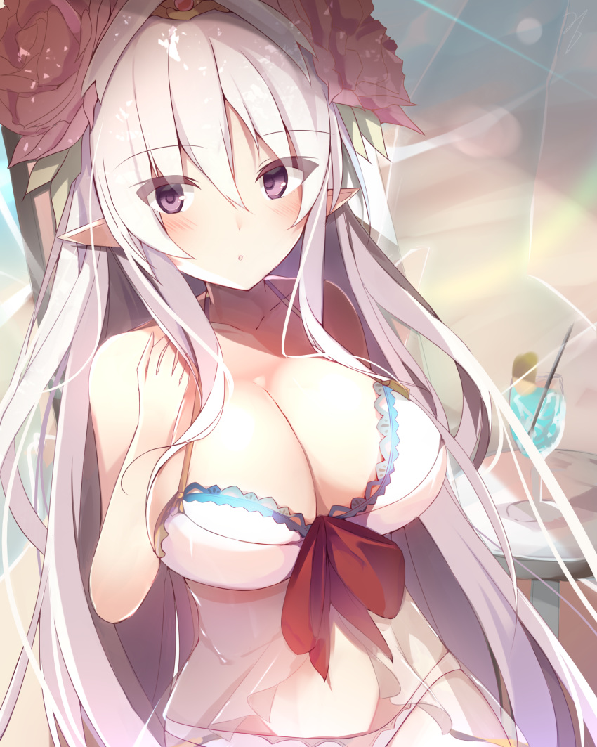 :o absurdres bikini breasts cleavage collarbone commentary drink drinking_straw elf female flower glass hair_flower hair_ornament hand_up highres large_breasts long_hair minerva_(princess_connect!) misukon parted_lips pointy_ears princess_connect! purple_eyes solo swimsuit white_bikini white_hair