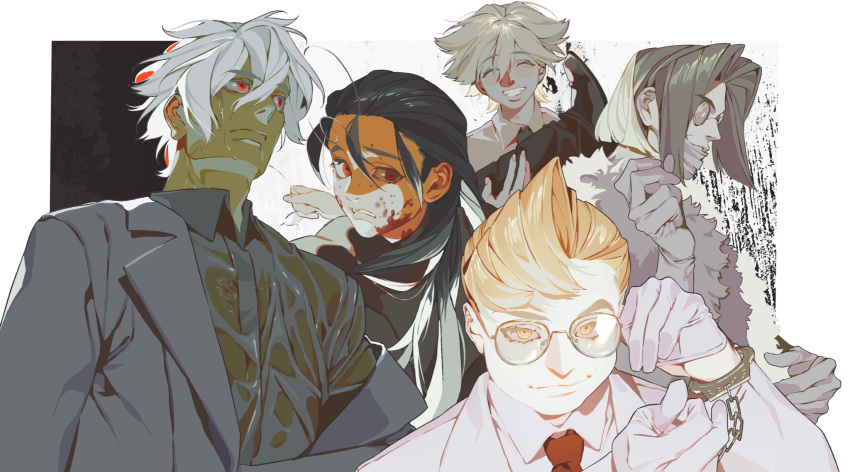 blonde_hair blood captain_(hellsing) doctor_(hellsing) female glasses gloves hellsing highres jacket major_(hellsing) mgong520 multiple_boys necktie red_eyes red_necktie rip_van_winkle schroedinger_(hellsing) white_gloves white_hair