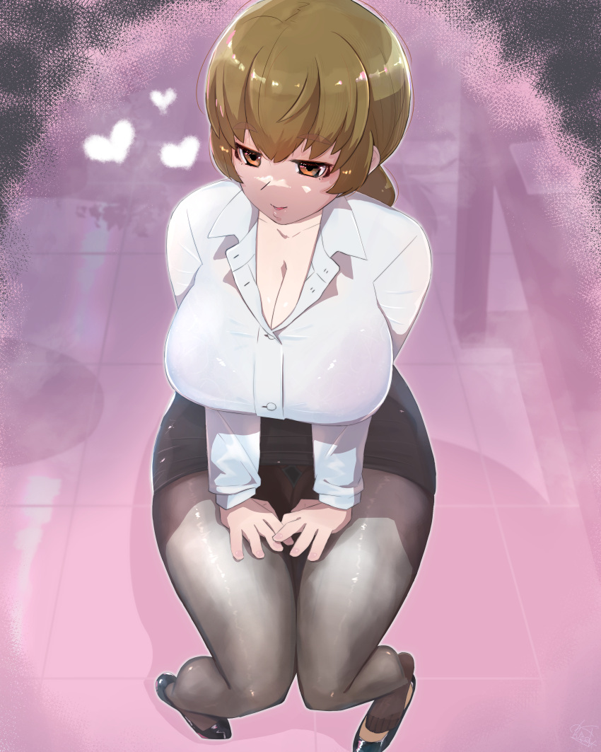 absurdres black_footwear black_pantyhose black_skirt breasts brown_hair cleavage female heart highres knight_(10411967) large_breasts legs mahouka_koukou_no_rettousei ono_haruka orange_eyes pantyhose shirt sitting skirt solo thick_thighs thigh_gap thighs white_shirt