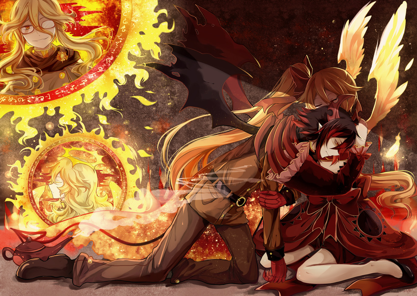 2girls arabian_clothes black_hair blonde_hair brother_and_sister capelet closed_eyes demon_boy demon_horns demon_wings detached_sleeves father_and_daughter father_and_son fire genie glasses haiiro_teien highres horns hug igls_unth ivlis military military_uniform multicolored_hair multiple_boys multiple_girls necktie oil_lamp orange_hair otoko_no_ko ponytail red_hair rieta short_hair_with_long_locks siblings siralos sun uniform wings xinghuo yellow_eyes