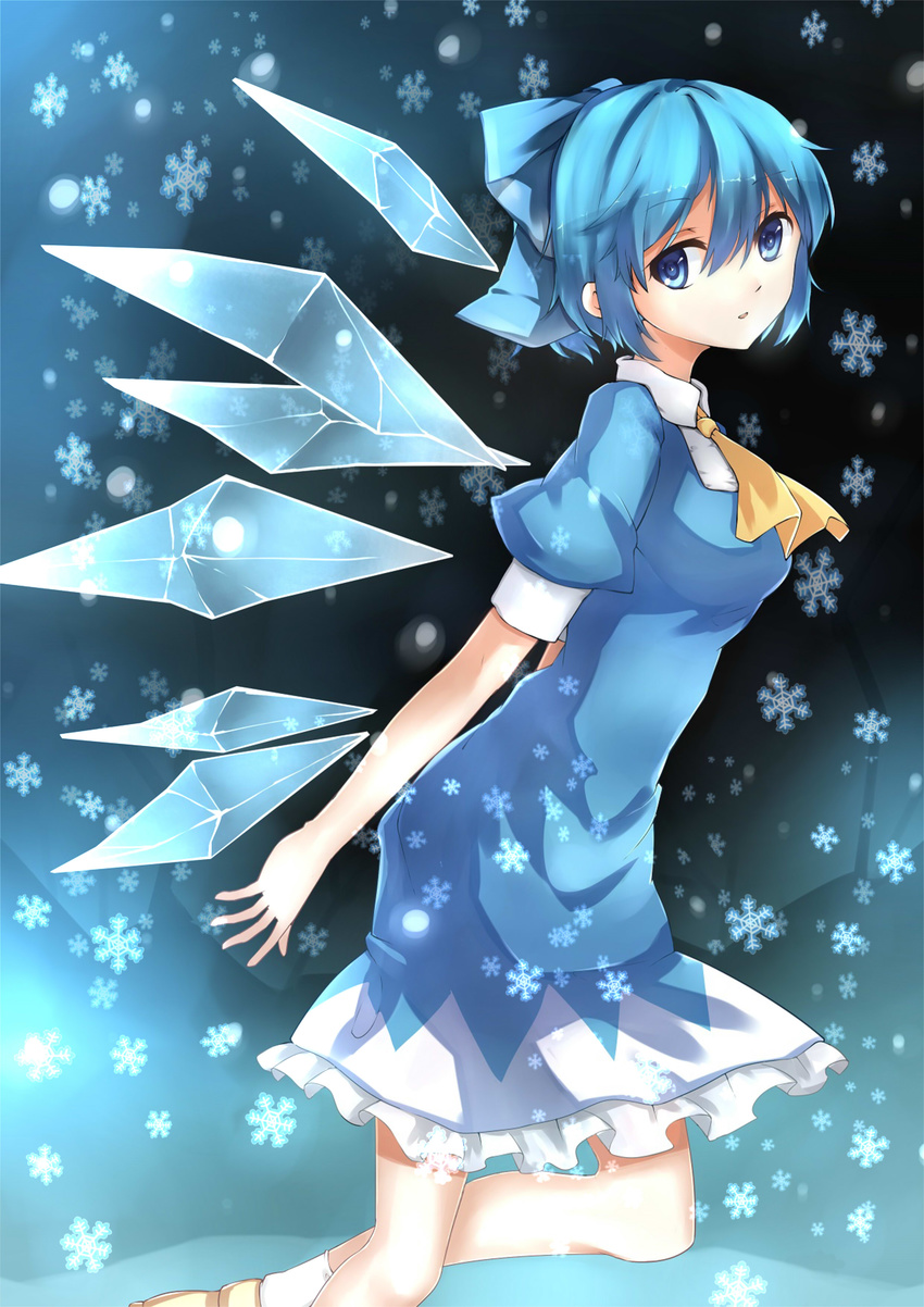 absurdres ascot blue_dress blue_eyes blue_hair bow breasts cirno commentary_request dress expressionless female gosledging gradient_background hairbow highres ice ice_wings leg_up looking_at_viewer medium_breasts short_hair short_sleeves snowflakes solo touhou wings