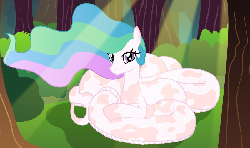 absurd_res alternate_species apode badumsquish clearing coiling crossed_legs draconcopode equid equine female forest friendship_is_magic hasbro hi_res horse lamia legless light light_beam looking_at_viewer mammal my_little_pony plant pony princess_celestia_(mlp) relaxing reptile scalie serpentine smile snake solo split_form spots sun sun_rays sunbeam sunlight sunning tree