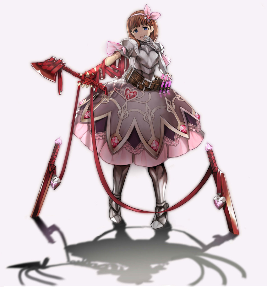 arm_ribbon armor armored_dress axe belt blue_eyes brown_hair commentary_request empty_eyes female granblue_fantasy greaves hair_ornament hairband hatchet_(axe) heart heart_hair_ornament highres holding holding_axe houen idolmaster idolmaster_cinderella_girls looking_at_viewer nata_(tool) pauldrons photoshop_(medium) planted planted_hatchet ribbon sakuma_mayu shaded_face short_hair shoulder_armor smile solo test_tube weapon