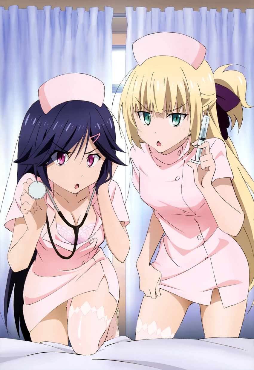 2girls :o absurdres aiba_mui blonde_hair blue_hair bow bra breasts cleavage green_eyes hair_ornament hairbow hairclip hat highres isoshima_kurumi long_hair mahou_sensou medium_breasts multiple_girls non-web_source nurse nurse_cap nyantype official_art pink_eyes stethoscope syringe thighhighs underwear zettai_ryouiki