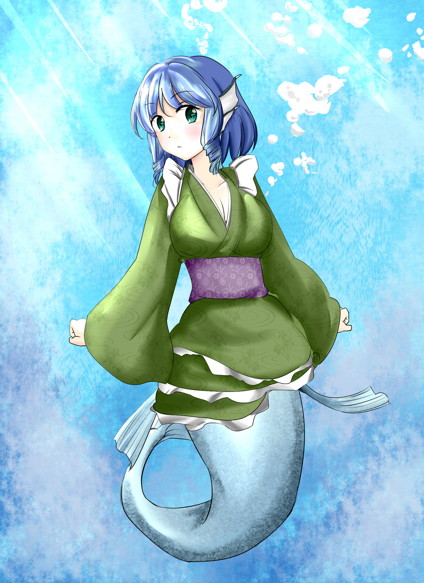 berkshire_(poem546) blue_hair breasts cleavage collarbone commentary_request female fins green_eyes green_kimono head_fins highres japanese_clothes kimono large_breasts long_sleeves mermaid monster_girl obi sash short_hair solo touhou underwater wakasagihime wide_sleeves