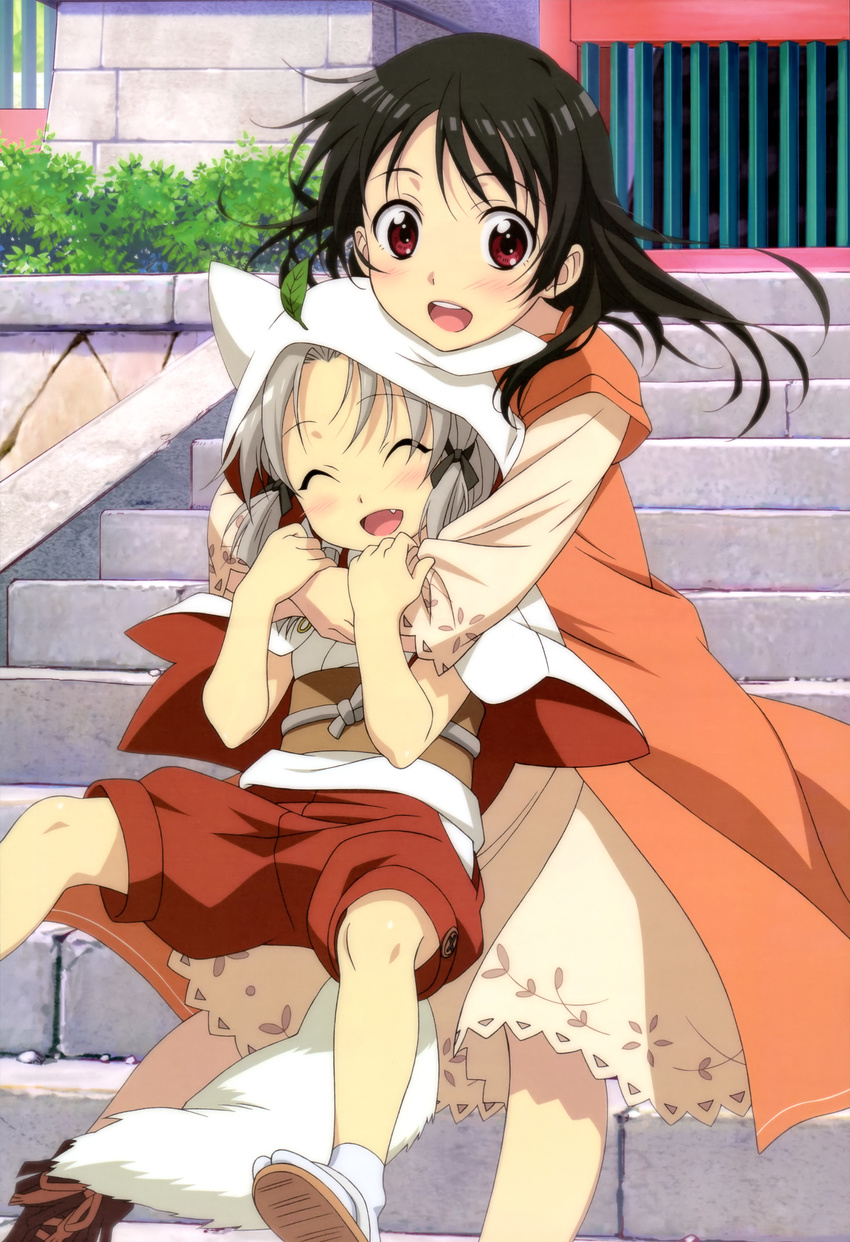 2girls :d ^_^ absurdres animal_ears black_hair blush closed_eyes fushimi_inari highres hug hug_from_behind inari_konkon_koi_iroha. japanese_clothes kon_(inakon) legs multiple_girls non-web_source nyantype oerba_yun_fang official_art open_mouth red_eyes short_hair silver_hair smile tail