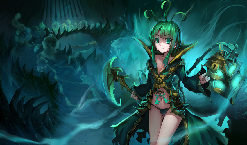 ahoge commentary english_commentary female genderswap_(mtf) green_eyes green_hair holding holding_weapon key lantern league_of_legends long_sleeves midriff musyne_xsk navel panties rule_63 scythe smile solo thresh_(league_of_legends) underwear weapon