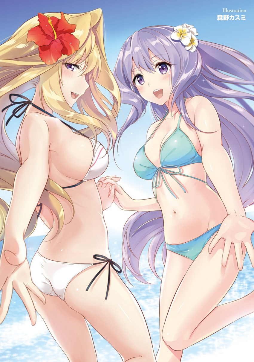 2girls :d artist_name ass beach bikini black_ribbon blonde_hair blue_bikini breasts claudia_enfield cleavage collarbone day floating_hair flower gakusen_toshi_asterisk groin hair_between_eyes hair_flower hair_ornament halterneck hibiscus highres interlocked_fingers large_breasts leg_up long_hair looking_at_viewer looking_back medium_breasts misu_kasumi multicolored_flower multiple_girls navel ocean open_mouth outdoors plumeria purple_eyes purple_hair red_flower ribbon side-tie_bikini_bottom sideboob sky smile standing string_bikini swimsuit sylvia_lyyneheym very_long_hair white_bikini white_flower yellow_flower