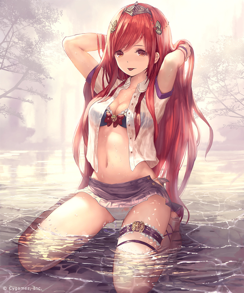 :p arms_up arriet_(shingeki_no_bahamut) bikini breasts brown_eyes cleavage commentary_request female granblue_fantasy hair_ornament highres kneeling medium_breasts navel official_art outdoors partially_submerged photoshop_(medium) red_hair shingeki_no_bahamut sidelocks single_thighhigh solo striped_bikini striped_clothes swimsuit tachikawa_mushimaro thigh_strap thighhighs tongue tongue_out vertical-striped_bikini vertical-striped_clothes white_bikini white_thighhighs wristband