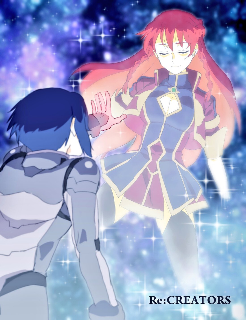 1boy bad_id bad_twitter_id blue_eyes blue_hair braid breasts cleavage_cutout closed_eyes clothing_cutout female gloves highres kanoya_rui large_breasts long_hair moyashi_namio outstretched_hand pilot_suit re:creators red_hair selesia_upitiria short_hair smile spoilers twin_braids