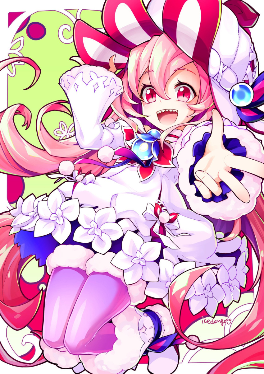 bad_id bad_twitter_id elsword female flower fluffy hat highres holding holding_clothes holding_hat icedango_(dpopic3) laby_(elsword) long_hair ribbon sharp_teeth shining_romantica_(elsword) smile teeth very_long_hair