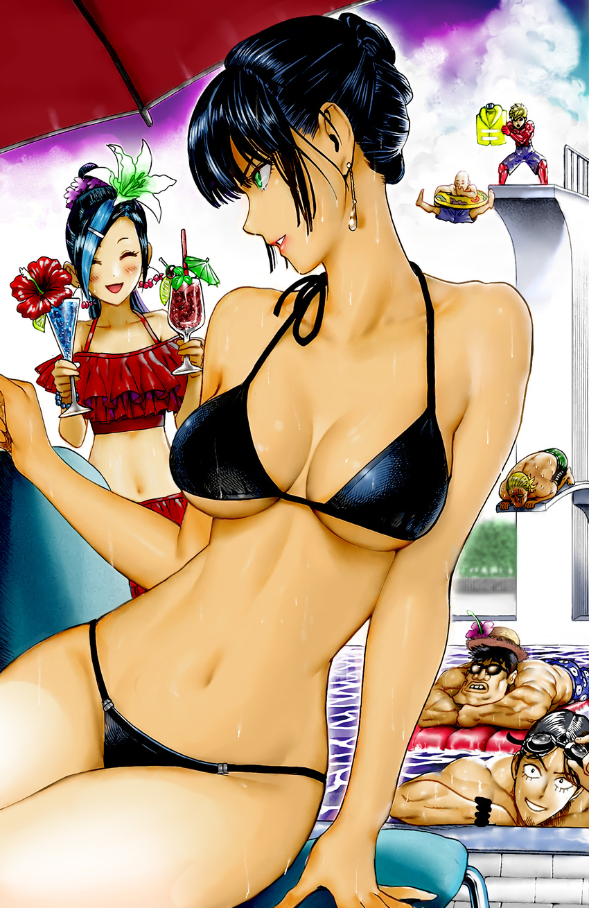 2girls 4boys :d arm_support bald bare_arms bare_legs bare_shoulders bikini black_bikini black_hair black_sclera blonde_hair blue_hair blush bracelet breasts closed_eyes cloud cloudy_sky colored_sclera colorized commentary day derivative_work drink earrings facing_viewer flower frilled_bikini frills fubuki_(one-punch_man) genos goggles goggles_on_head green_eyes grin hair_flower hair_ornament hat highres jewelry jumping king_(one-punch_man) large_breasts life_vest lipstick long_hair lying makeup matsuge_(one-punch_man) midriff multicolored_hair multiple_boys multiple_girls murata_yuusuke muscular narrow_waist navel official_art on_side one-punch_man open_mouth outdoors parasol parted_lips photoshop_(medium) pool profile saitama_(one-punch_man) sansetsukon_no_lily shorts sitting sky smile spread_legs straw_hat streaked_hair sunglasses swimsuit the_golden_smurf tied_hair umbrella underboob water yamazaru_(one-punch_man)