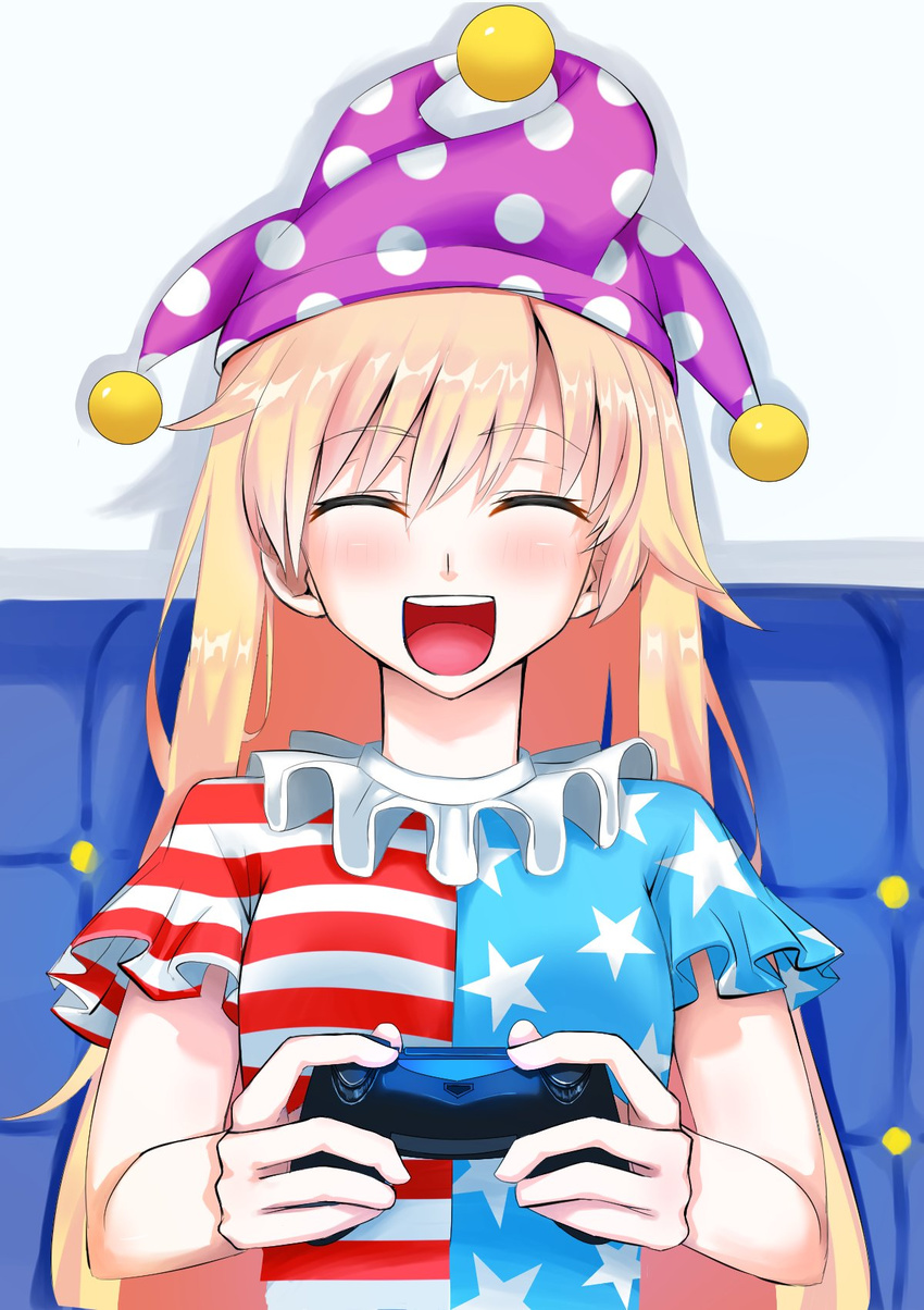 american_flag american_flag_print american_flag_shirt blonde_hair clownpiece cobalt commentary_request controller dualshock female flag_print game_console game_controller gamepad happy hat highres jester_cap long_hair neck_ruff open_mouth playstation_4 playstation_controller polka_dot print_shirt shirt short_sleeves smile solo sony star_(symbol) star_print striped touhou upper_body