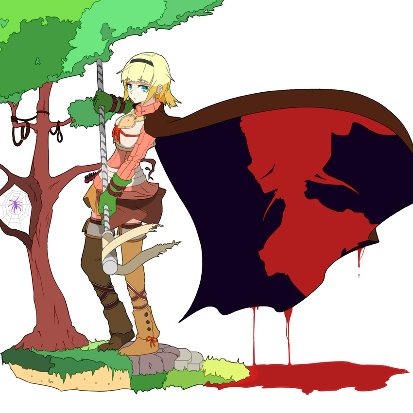 2girls arche_eeb_rile_furt blonde_hair blood blue_eyes boots cape gloves hairband long_sleeves multiple_girls oerba_yun_fang overlord_(maruyama) ribbon sam42 shadow shalltear_bloodfallen short_hair skirt smile spider staff tree weapon