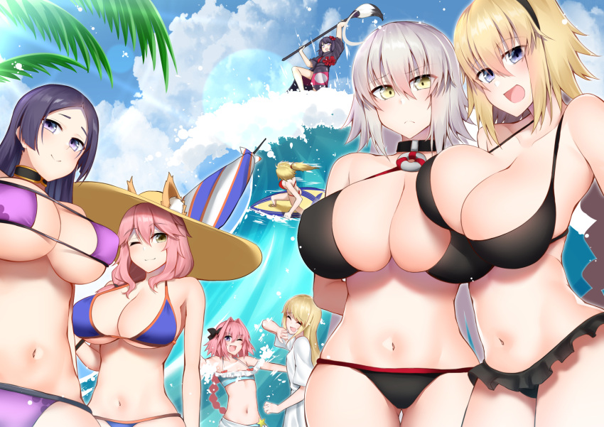 1boy 1other 6+girls alternate_breast_size animal_ear_fluff animal_ears astolfo_(fate) astolfo_(sparkling_frills)_(fate) beach_umbrella bikini black_kimono blonde_hair blue_bikini blue_eyes blush braid breasts chevalier_d'eon_(fate) choker cleavage closed_eyes commentary_request ears_through_headwear eyepatch_bikini fate/grand_order fate_(series) fox_ears fox_girl fox_tail giant_brush grey_hair groin hair_bun hair_intakes hair_ornament hairpin hat highres holding holding_paintbrush huge_breasts ink japanese_clothes jeanne_d'arc_(fate) jeanne_d'arc_(ruler)_(fate) jeanne_d'arc_alter_(avenger)_(fate) jeanne_d'arc_alter_(fate) katsushika_hokusai_(fate) kimono kitajima_yuuki large_breasts long_braid long_hair low-tied_long_hair minamoto_no_raikou_(fate) minamoto_no_raikou_(swimsuit_lancer)_(fate) mordred_(fate) mordred_(swimsuit_rider)_(fate) mordred_(swimsuit_rider)_(first_ascension)_(fate) multicolored_hair multiple_girls navel ocean oerba_yun_fang one_eye_closed otoko_no_ko outdoors paintbrush parasol partial_commentary pink_hair prydwen_(fate) purple_bikini purple_eyes purple_hair red_bikini side-tie_bikini_bottom single_braid single_hair_bun straw_hat streaked_hair surfboard surfing swimsuit tail tamamo_(fate) tamamo_no_mae_(swimsuit_lancer)_(fate) umbrella very_long_hair waves white_hair yellow_eyes