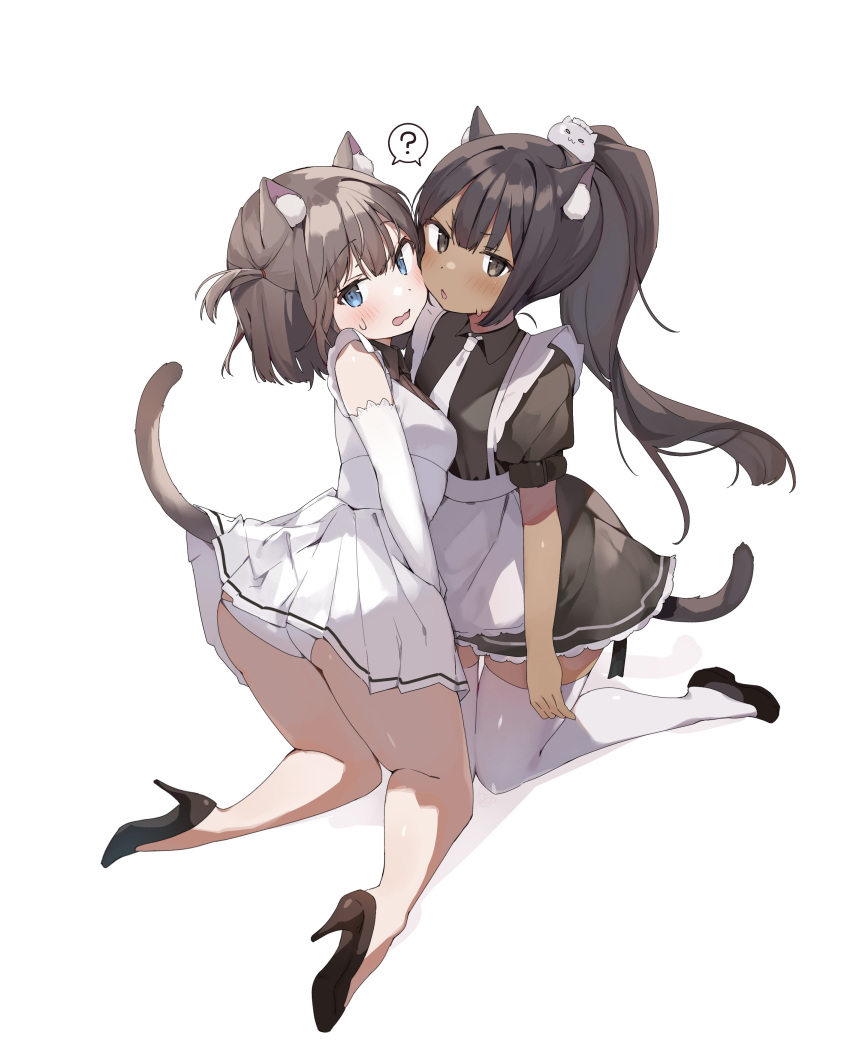 2girls ? absurdres animal_ear_fluff animal_ears apron bare_legs black_dress black_footwear blue_eyes blush brown_eyes brown_hair cat_girl cat_tail clothes_lift commentary_request dark-skinned_female dark_skin detached_sleeves dress dress_lift full_body high_heels highres kneeling lifted_by_tail long_hair long_sleeves looking_at_viewer maid medium_hair multiple_girls one_side_up open_mouth original panties parted_lips ponytail puffy_short_sleeves puffy_sleeves shin_no_tenpii shoes short_sleeves simple_background speech_bubble spoken_question_mark tail tail_raised thighhighs underwear white_apron white_background white_dress white_legwear white_panties