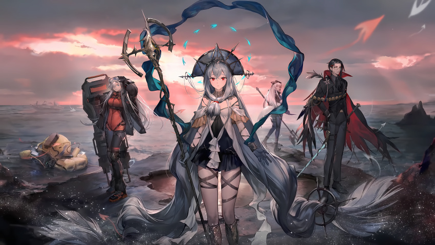 1boy 3girls absurdly_long_hair absurdres arknights aurora_(arknights) aurora_(polar_catcher)_(arknights) black_dress black_hair blue_eyes dress frostleaf_(arknights) frostleaf_(breaking_the_ice)_(arknights) glasses gloves gnosis_(arknights) hat highres lancet-2_(arknights) long_hair multiple_girls ocean off_shoulder official_alternate_costume official_art phoenix_crown pink_hair red_eyes resized robot short_hair skadi_(arknights) skadi_the_corrupting_heart_(arknights) skadi_the_corrupting_heart_(sublimation)_(arknights) thigh_strap upscaled very_long_hair white_hair