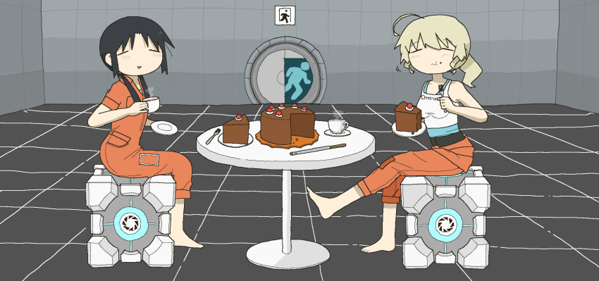 2girls bad_id bad_pixiv_id black_forest_cake black_hair blonde_hair blush cake chell chell_(cosplay) chito_(shoujo_shuumatsu_ryokou) closed_eyes closed_mouth cosplay cup eating facing_another food fork highres holding holding_cup holding_fork holding_plate long_hair low_twintails multiple_girls parted_lips plate portal_(series) shoujo_shuumatsu_ryokou sitting smile table teacup twintails yoyohachi yuuri_(shoujo_shuumatsu_ryokou)