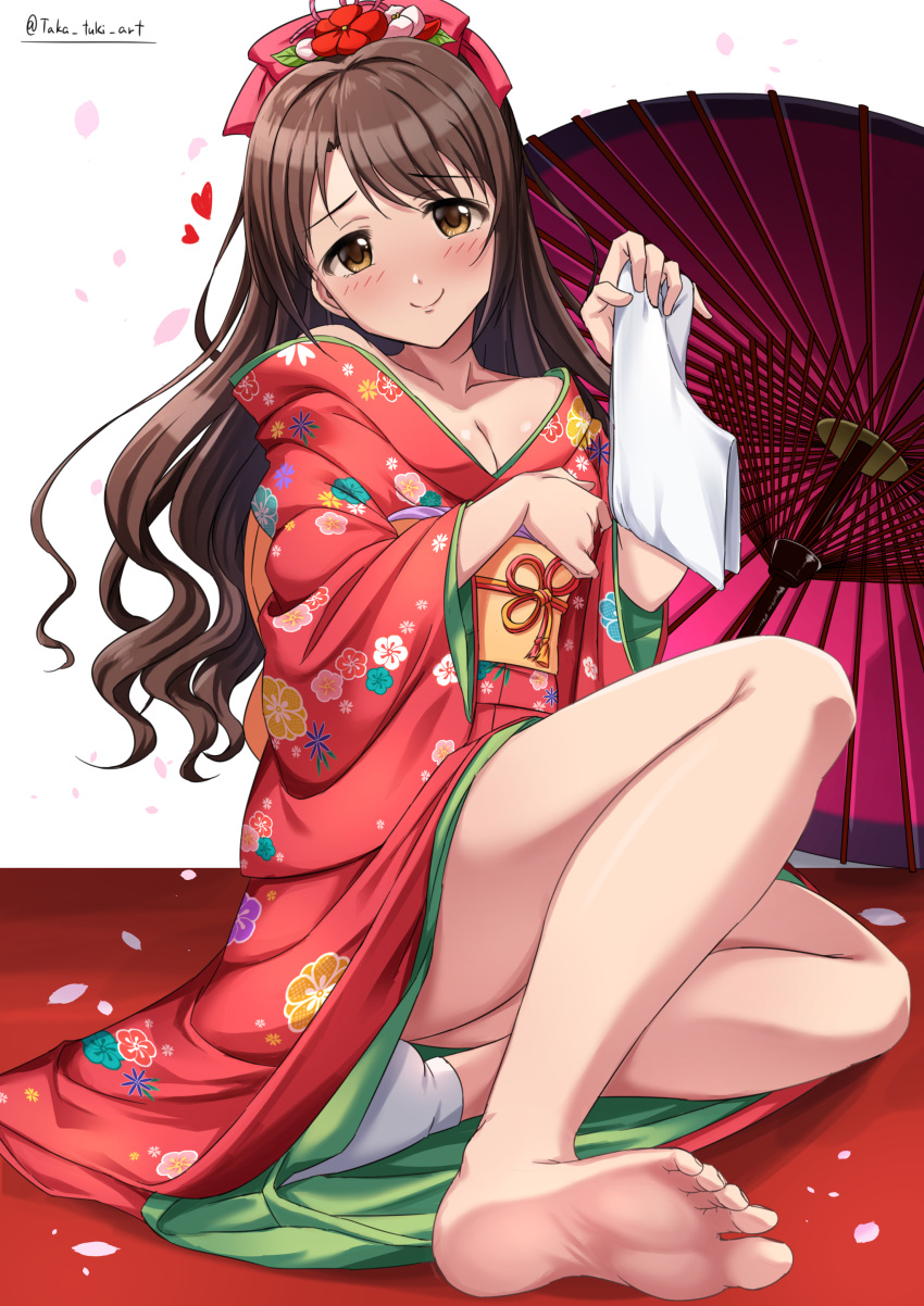 absurdres barefoot closed_mouth feet female foot_focus hair_ornament heart highres holding idolmaster idolmaster_cinderella_girls japanese_clothes kimono long_hair looking_at_viewer obi presenting_foot red_kimono sash shimamura_uzuki sitting smile socks soles solo tabi takatsuki_p toes umbrella white_socks yukata