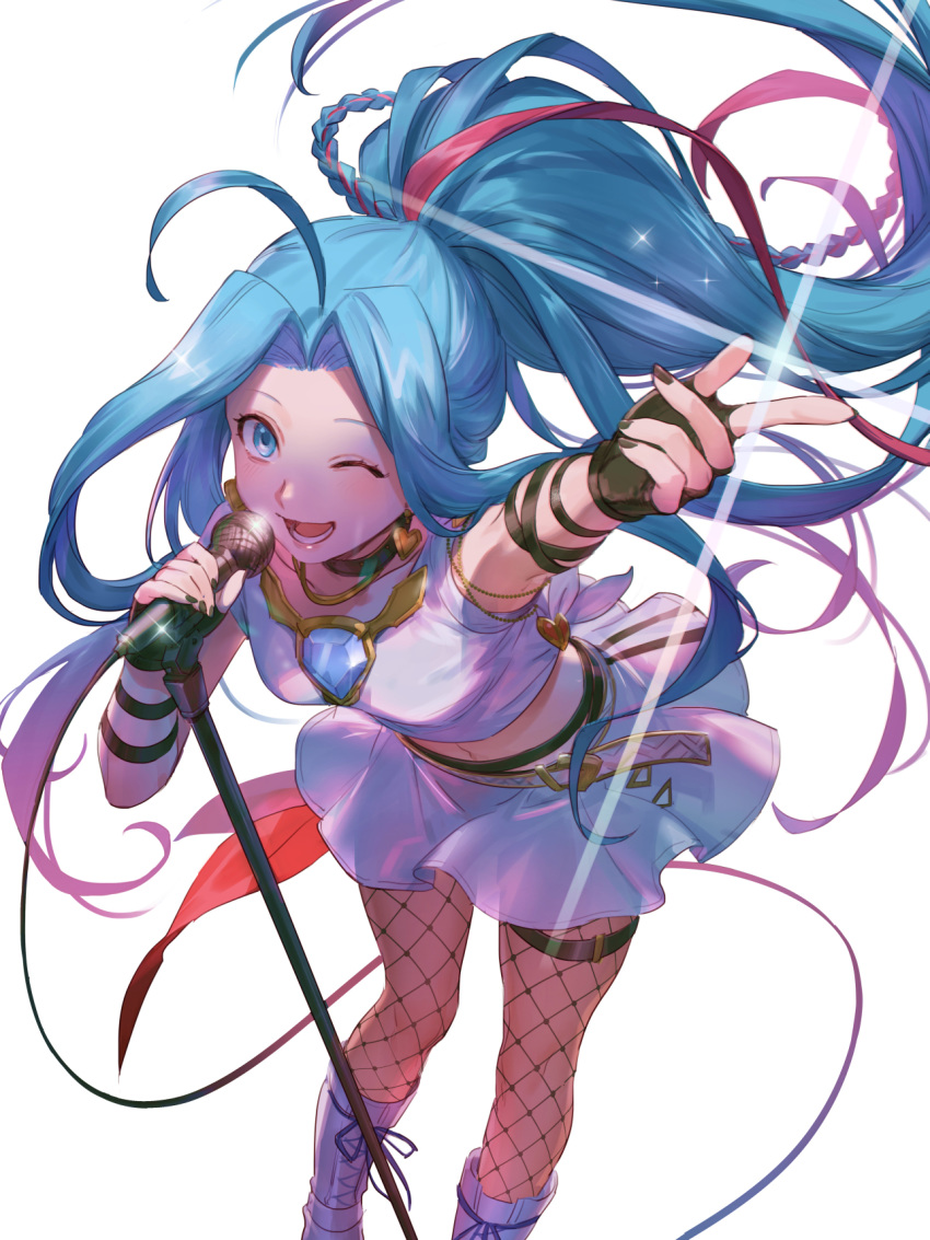 ahoge belt black_nails blue_eyes blue_hair crop_top female fishnet_pantyhose fishnets granblue_fantasy high_ponytail highres long_hair looking_at_viewer lyria_(born_to_be_snowdos)_(granblue_fantasy) lyria_(granblue_fantasy) microphone microphone_stand navel official_alternate_costume one_eye_closed open_mouth pantyhose sidelocks skirt smile solo tekki_(tki) very_long_hair