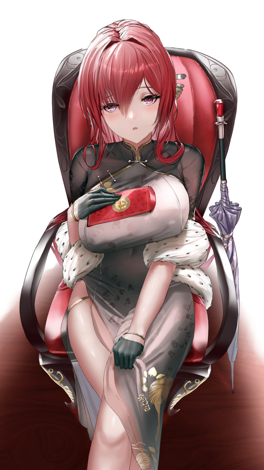 absurdres armchair azur_lane black_dress black_gloves blush braid breasts chair china_dress chinese_clothes dress feather_boa female gloves hair_between_eyes hair_ornament half_gloves highres holding jewelry large_breasts long_hair looking_at_viewer monarch_(azur_lane) monarch_(black_gerard)_(azur_lane) official_alternate_costume open_mouth pink_eyes red_hair sidelocks sitting solo umbrella very_long_hair wanne