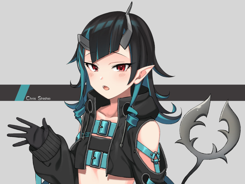 :o belt black_gloves black_hair black_jacket blue_hair character_name demon_girl demon_horns demon_tail female flat_chest gloves horns jacket kisaragi_hina long_hair long_sleeves looking_at_viewer multicolored_hair nanashi_inc. open_clothes open_mouth pointy_ears red_eyes shishio_chris shishio_chris_(1st_costume) simple_background solo sugar_lyric tail two-tone_hair upper_body virtual_youtuber zipper