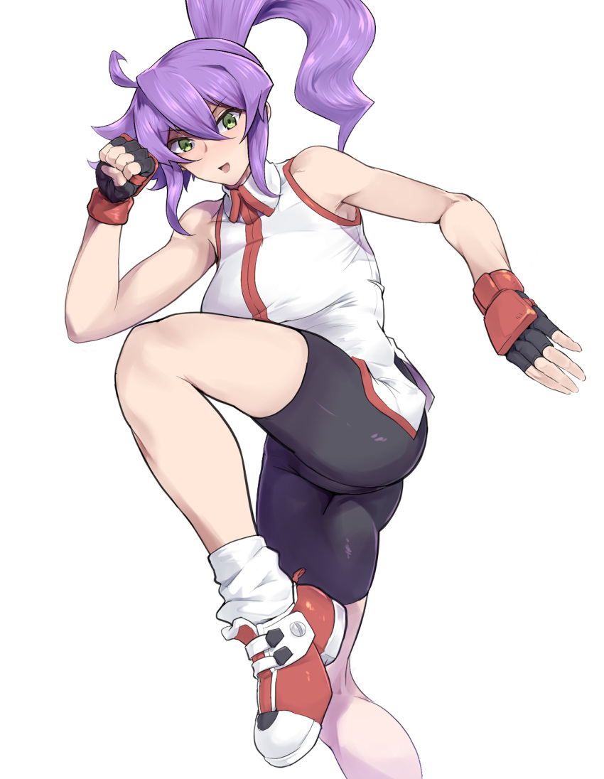 ass bike_shorts black_gloves borrowed_character clenched_hand cropped_legs depo_(typebaby505) female fighting_stance fingerless_gloves gloves green_eyes highres looking_at_viewer open_hand open_mouth original ponytail purple_hair solo standing standing_on_one_leg toned umizakura_tachimi v-shaped_eyebrows