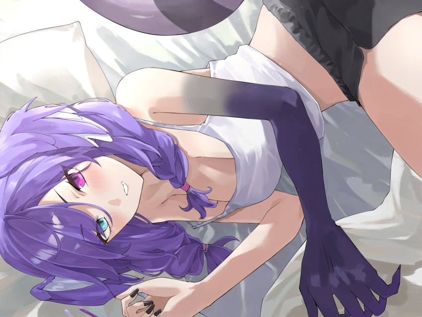 alternate_costume asymmetrical_arms black_nails black_shorts blue_eyes braid breasts cleavage dragon_tail female hair_ornament hairclip head_wings heterochromia highres konchi_(63438789) long_hair nijisanji nijisanji_en pointy_ears purple_eyes purple_hair purple_wings selen_tatsuki shorts smile solo tail tank_top twin_braids virtual_youtuber wings