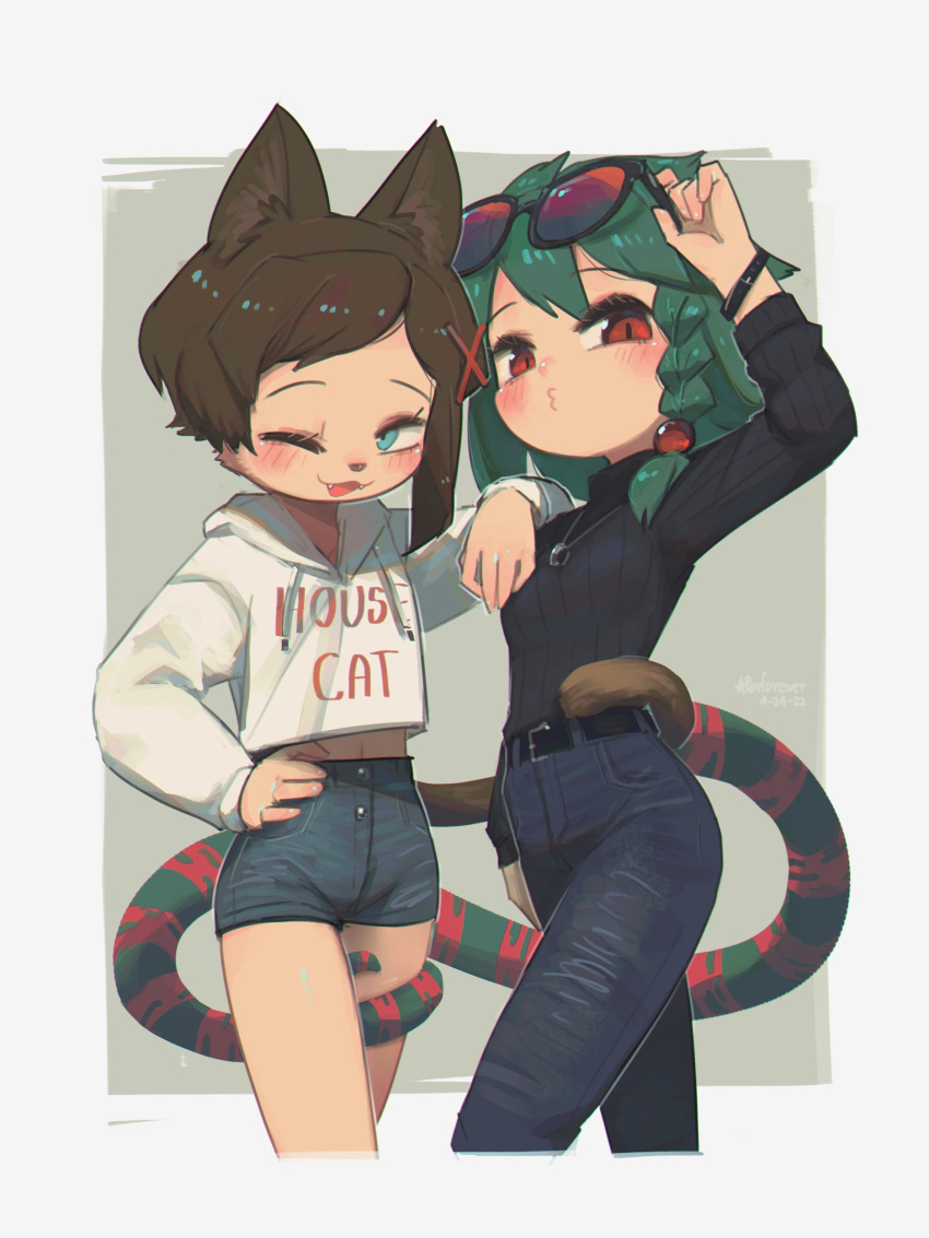 2girls ;3 ;d absurdres animal_ears animal_nose aqua_eyes arm_up belt black_sweater blush borrowed_character braid brown_hair cat_ears cat_girl cat_tail cecile_(porforever) chameleon_tail clothes_writing commentary cowboy_shot denim drawstring english_commentary eyewear_lift eyewear_on_head fangs green_hair hair_ornament hand_on_own_hip highres hood hood_down hoodie jeans jewelry long_sleeves looking_at_viewer medium_hair multiple_girls o3o one_eye_closed original pants pendant porforever prehensile_tail red_eyes ribbed_sweater short_shorts shorts side_braid smile sunglasses sweater tail tail_wrap white_hoodie x_hair_ornament