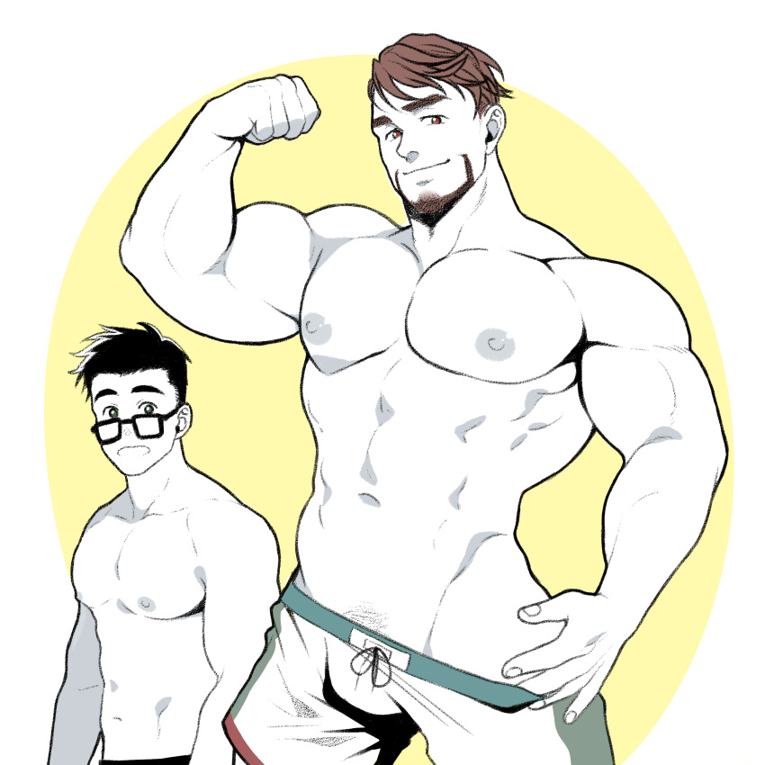 2boys abs absurdres atsushi_kenzaki bad_id bad_twitter_id bara biceps closed_mouth facial_hair flexing gachimuchi_de_dosukebe_na_kateikyoushi_no_oniisan_to_sugosu_natsu glasses highres kaynoob large_pectorals male_focus male_swimwear multiple_boys muscular muscular_male navel nipples pectorals pose ryota_hibiki short_hair smile topless_male