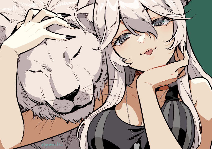 animal_ears bare_shoulders black_nails breasts cleavage closed_mouth dog_tags female fingernails green_background grey_eyes grey_hair hair_between_eyes half-closed_eyes hololive large_breasts lion lion_ears long_hair looking_at_viewer official_alternate_costume official_alternate_hairstyle otama_(atama_ohanabatake) sharp_fingernails shishiro_botan shishiro_botan_(button-down) simple_background solo sports_bra striped striped_sports_bra tongue tongue_out twitter_username upper_body vertical-striped_sports_bra virtual_youtuber