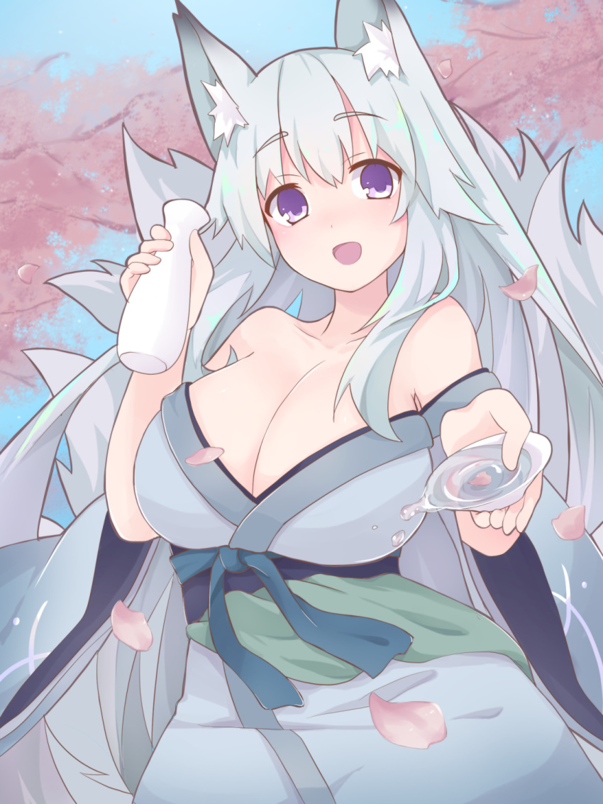 :d alcohol animal_ear_fluff animal_ears bare_shoulders blue_kimono blush borrowed_character bottle breasts byakusen_(amabiko_kote) cherry cherry_blossoms cleavage collarbone commentary_request cup day dripping female food fox_ears fox_girl fox_tail fruit highres huge_breasts japanese_clothes kimono long_hair looking_at_viewer multiple_tails nose_blush obi off_shoulder open_mouth original outdoors petals sakazuki sake sake_bottle sash sawara_(starligtvision) sky smile solo tail tokkuri very_long_hair