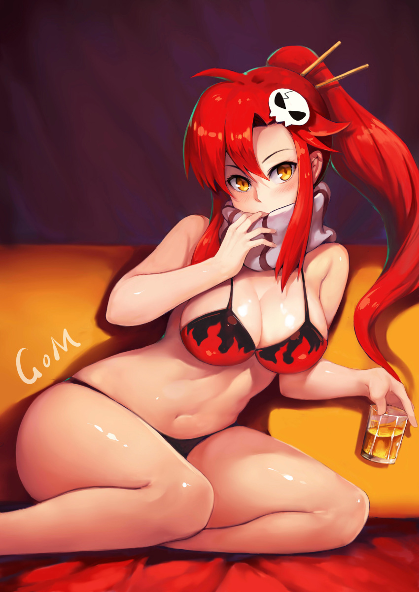 absurdres bikini bikini_top_only breasts chinese_commentary commentary_request cup female glass hair_ornament hair_stick highres holding holding_cup large_breasts long_hair ponytail red_hair scarf shiny_skin sitting skull_hair_ornament solo swimsuit tengen_toppa_gurren_lagann xiao_miao yellow_eyes yoko_littner