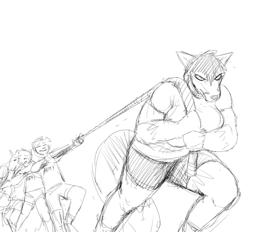 2019 angry anthro army black_and_white canid canine clothed clothing female fox group hi_res hladilnik lifting mammal military monochrome muscular muscular_female peggy_patterson shirt simple_background soldier topwear tug_of_war warrior