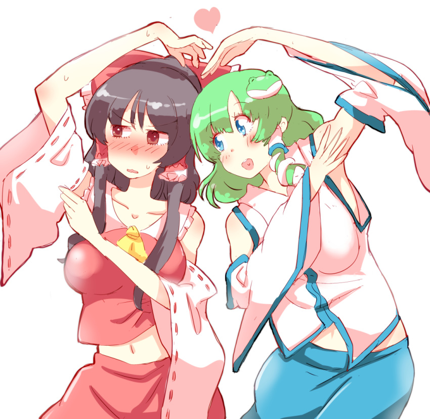 2girls bad_id bad_pixiv_id black_hair blue_eyes blush bow brown_eyes collarbone commentary_request detached_sleeves frog_hair_ornament green_hair hair_ornament hair_tubes hairbow hakurei_reimu heart heart_arms heart_arms_duo kochiya_sanae looking_at_another looking_away midriff multiple_girls non_(z-art) open_mouth red_ribbon ribbon ribbon-trimmed_sleeves ribbon_trim snake_hair_ornament touhou upper_body white_background wide_sleeves