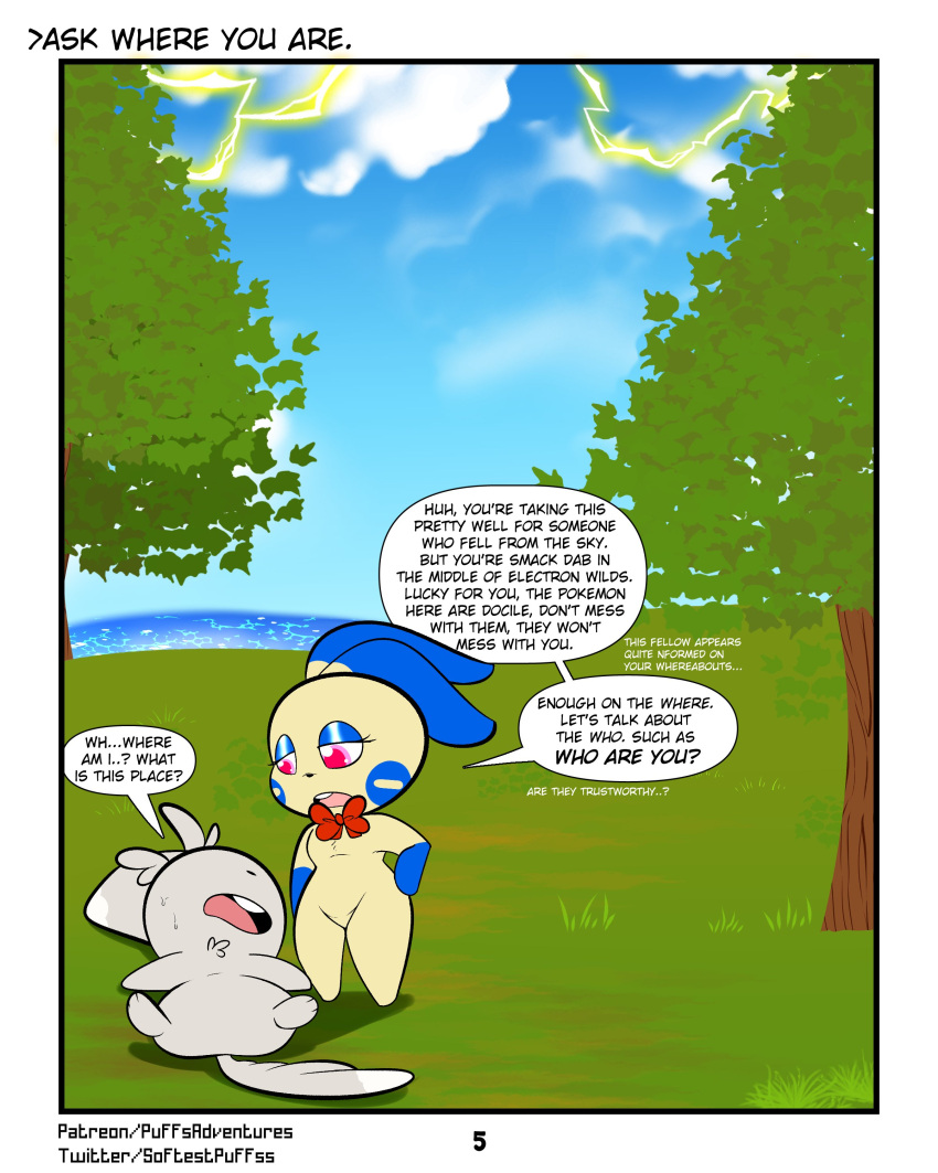 4:5 absurd_res anthro bow_ribbon dialogue duo english_text female forest forest_background fur hi_res male minccino minun nature nature_background nintendo peach_(rodent_powered) plant pokémon_(species) pokémon_mystery_dungeon pokemon robin_(rodent_powered) rodent_powered_(softestpuffss) softestpuffss speech_bubble text tree video_games