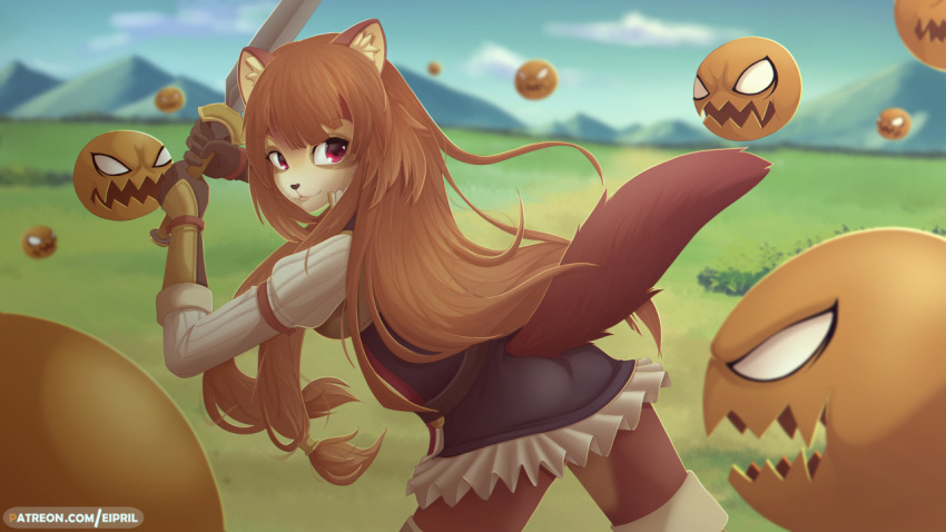 16:9 alternate_species anthro breasts brown_body brown_fur brown_hair canid canine clothed clothing digital_media_(artwork) eipril female fur furrification hair holding_object holding_weapon mammal melee_weapon raccoon_dog raphtalia rear_view shaded solo sword tanuki the_rising_of_the_shield_hero weapon widescreen