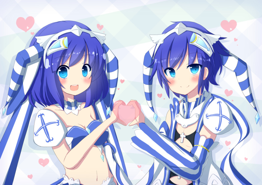 1boy :d ao_no_repika ao_no_rupika armor bare_shoulders beatmania_iidx blue_eyes blue_hair blush breasts cleavage closed_mouth commentary_request detached_sleeves female heart heart_hands heart_hands_duo long_sleeves medium_breasts navel pauldrons plaid plaid_background rensei shoulder_armor single_pauldron smile teeth upper_teeth_only