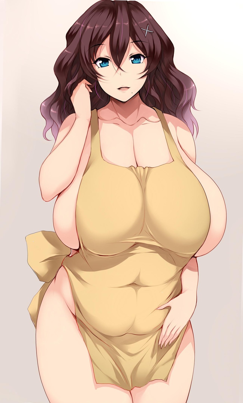 apron bare_shoulders blue_eyes breasts brown_hair collarbone commentary_request covered_navel curvy fat female gegege_no_kitarou hair_between_eyes hair_ornament highres hip_focus huge_breasts inuyama_junko long_hair looking_at_viewer mature_female mole mole_under_mouth naked_apron open_mouth parted_lips solo thighs tsukasawa_takamatsu x_hair_ornament