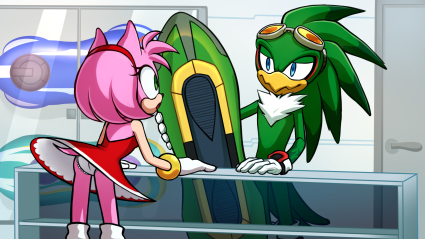 16:9 accipitrid accipitriform amy_rose anthro avian beak bird board clothed clothing duo eulipotyphlan female hedgehog hi_res jet_the_hawk kitsune2000 male mammal panties sega sonic_riders sonic_the_hedgehog_(series) store underwear upskirt widescreen