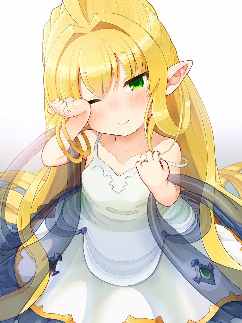 absurdres bangle bare_arms bare_shoulders blonde_hair blush bracelet closed_mouth collarbone commentary_request female gem gold_trim granblue_fantasy green_eyes green_gemstone hair_intakes hair_spread_out harvin head_tilt highres jewelry kirii_nao long_hair looking_at_viewer melissabelle nose_blush one_eye_closed pointy_ears ring rubbing_eyes smile solo strap_slip tears very_long_hair