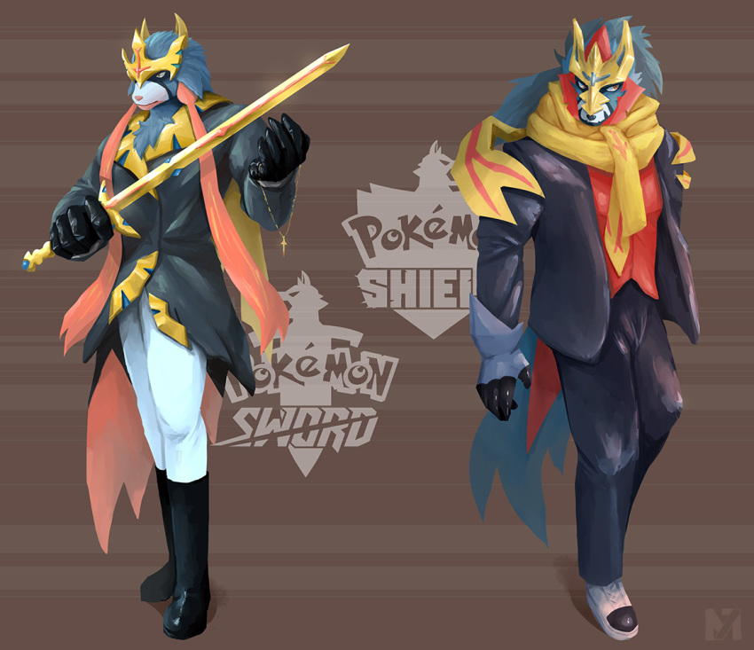 2019 anthro anthrofied blue_body blue_fur boots bottomwear canid canine clothed clothing crowned_shield_zamazenta crowned_sword_zacian duo footwear fur generation_8_pokemon legendary_pokemon m7 male mammal melee_weapon nintendo pokemon pokemon_(species) red_body red_fur scarf shoes sword topwear weapon zacian zamazenta