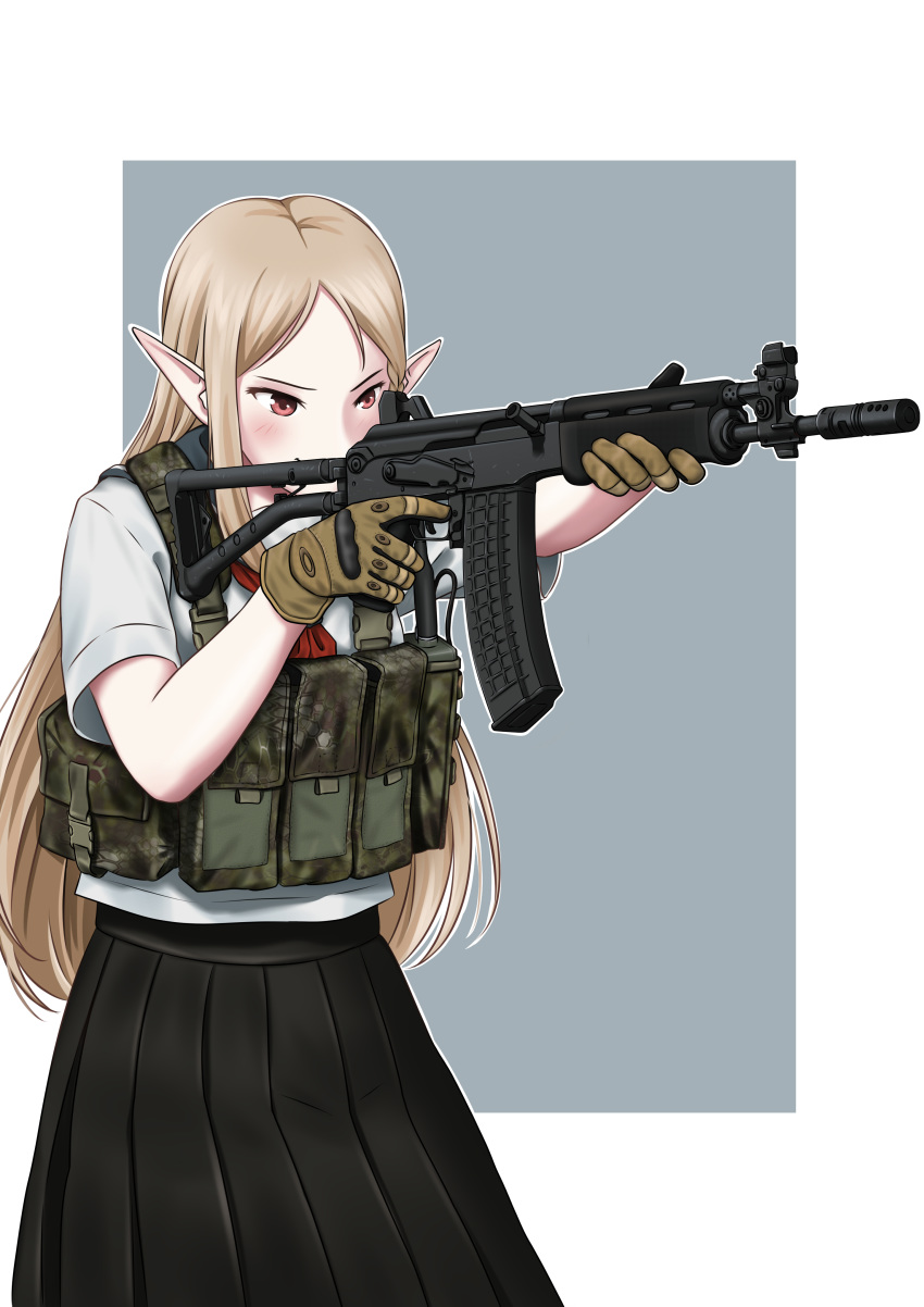 absurdres aiming assault_rifle blonde_hair brown_eyes camouflage commentary english_commentary female gloves gun highres holding holding_gun holding_weapon load_bearing_vest long_hair mardjan oakley_gloves pointy_ears rifle rk95 sako_rk_95_(upotte!!) school_uniform serafuku simple_background solo upotte!! weapon