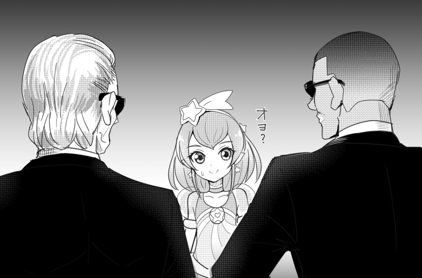 2boys agent_j_(men_in_black) agent_k business_suit commentary_request cure_milky earrings female formal greyscale hagoromo_lala headband highres jewelry men_in_black monochrome multiple_boys precure star_twinkle_precure suit sunglasses zwei_(santanawamuujojo)