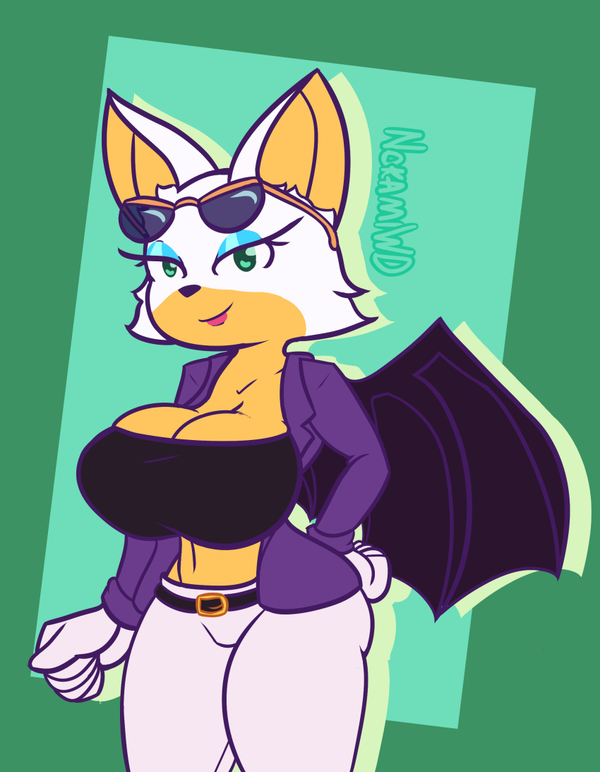 absurd_res anthro ass bat bat_wings belt big_breasts big_butt bottomwear breasts cleavage cleavage_overflow clothed clothing crop_top eyewear eyewear_on_head female glasses glasses_on_head hi_res huge_breasts mammal membrane_(anatomy) membranous_wings midriff nokamiwd pants rouge_the_bat sega shirt simple_background solo sonic_the_hedgehog_(series) the_murder_of_sonic_the_hedgehog thick_thighs tight_bottomwear tight_clothing tight_pants topwear wide_hips wings